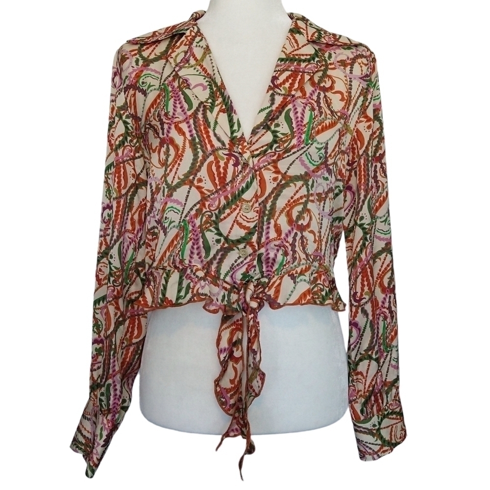Zara Multicolor Abstract Paisley Button-Up Tie Front Cropped Blouse Colorful